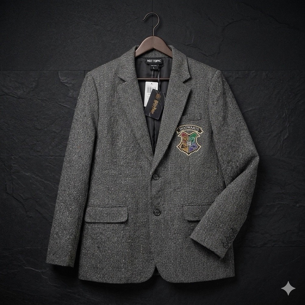 Harry Potter Hogwarts Academia Blazer Jacket Gray Fleck Herringbone NWT Size LG